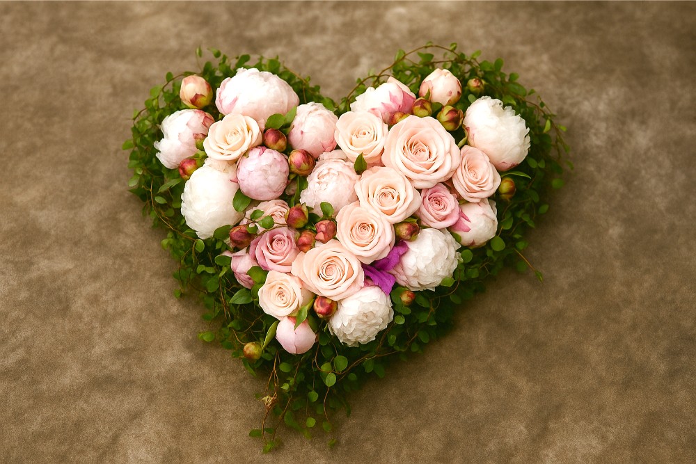 Begravelsesblomster formet som et hjerte i lyserosa farger. Foto.