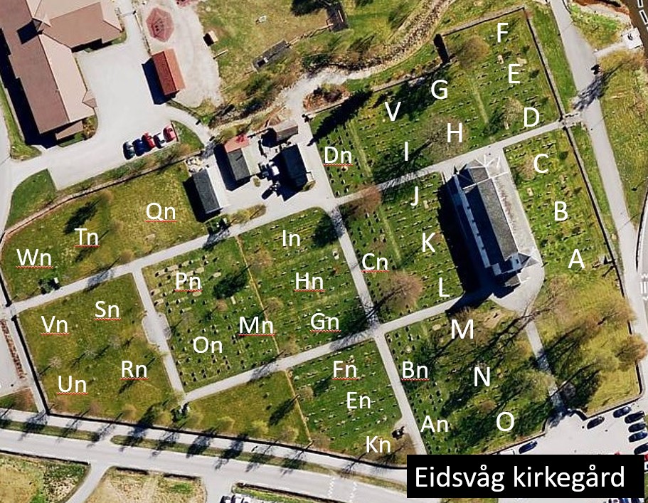 Eidsvåg kirkegård sett oven i fra med felt. Foto.