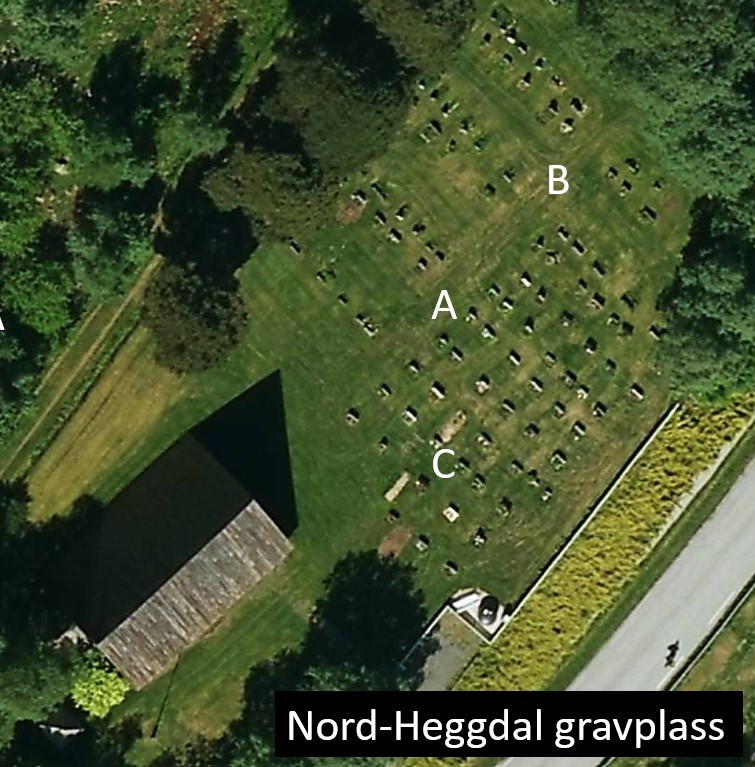 Nord-Heggdal gravplass sett oven i fra med felt. Foto.