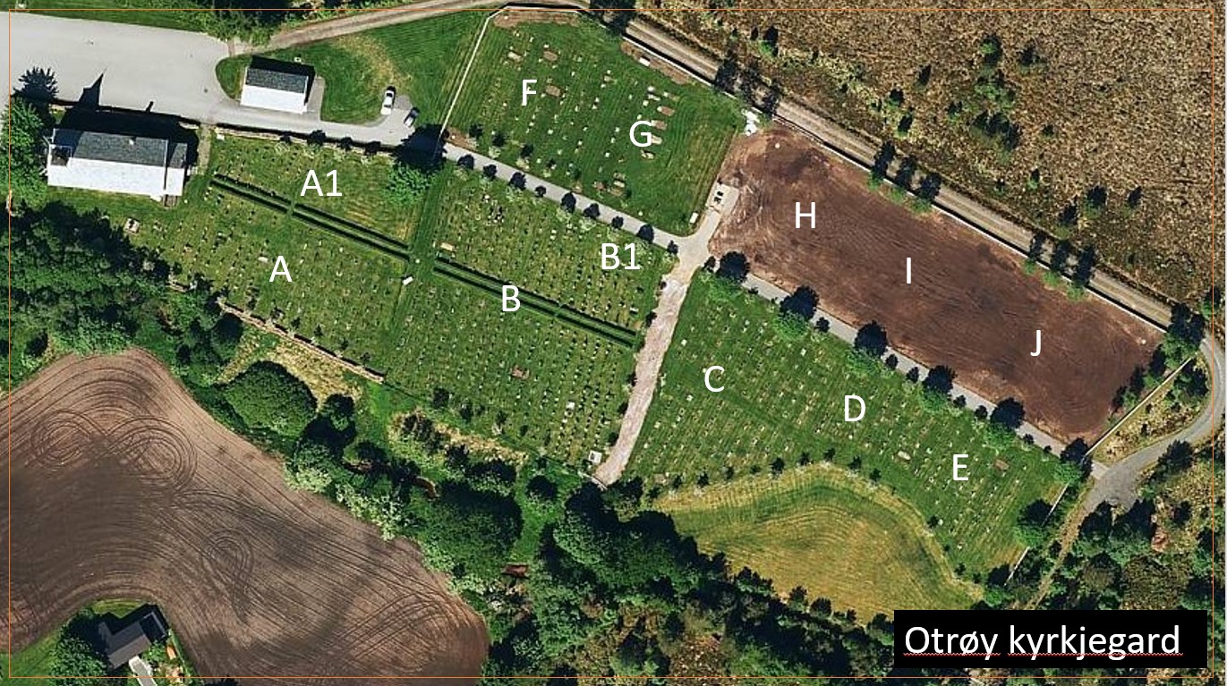 Otrøy kyrkjegard sett oven i fra med felt. Foto.