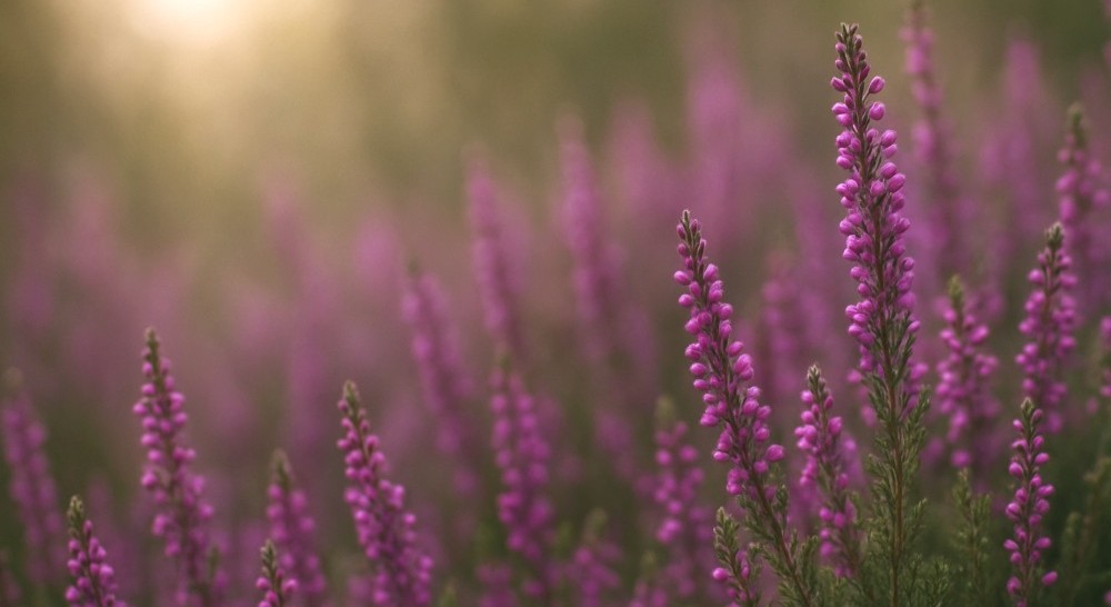 Viltvoksende lyng med en sterk lys-lilla farge. Foto.
